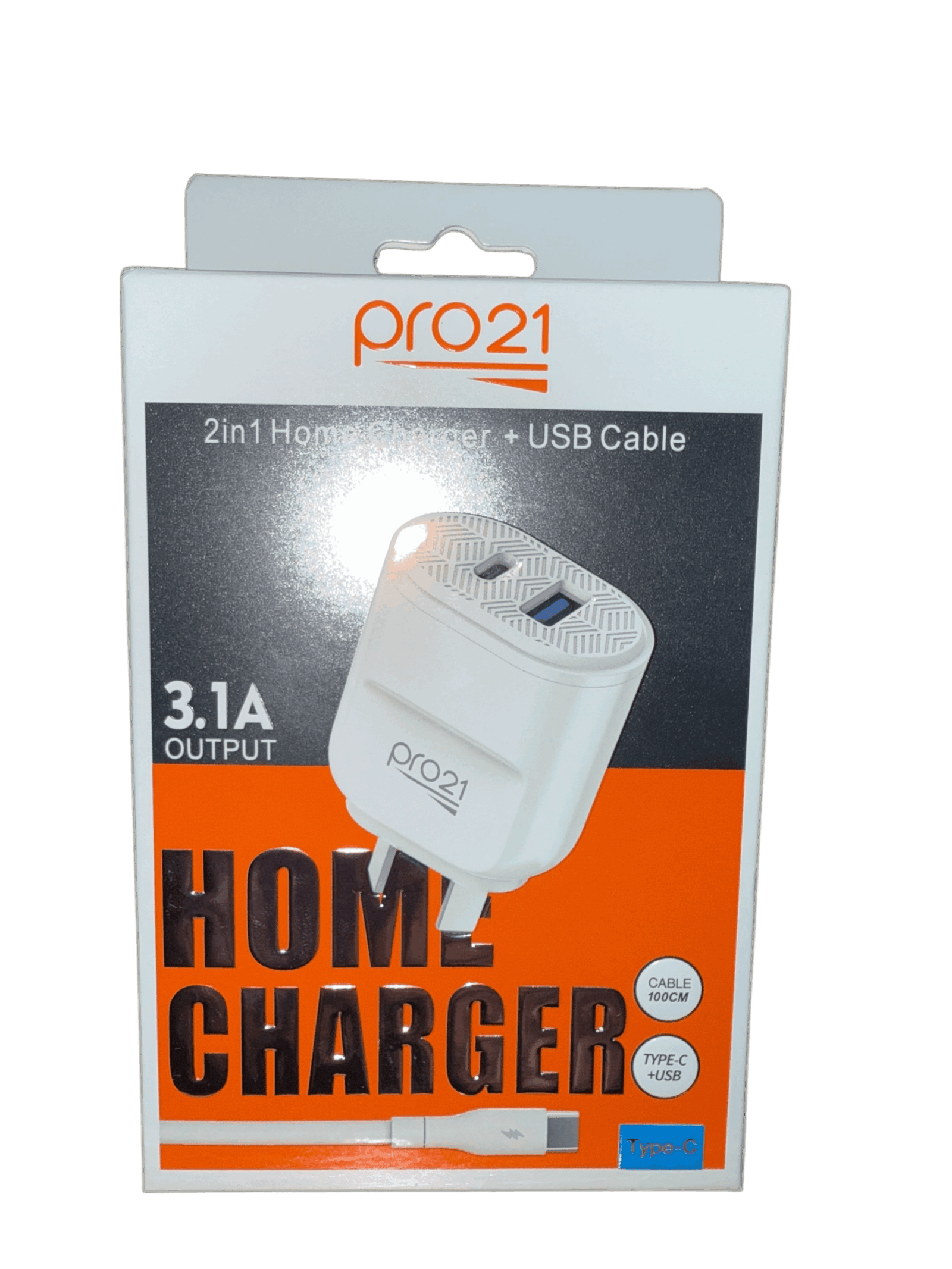 Cargador PRO 21 – 3.1 Caja Blanca type C Cable Extraible entradas usb + C Type
